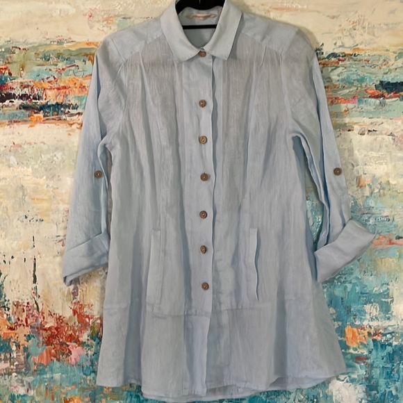 Soft Surroundings Tops - Soft Surroundings Linen Tunic Top Pockets Fitted Light Blue Lng Slv Sz XS